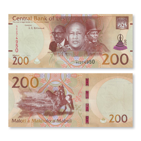 Lesotho Set: 10–200 Maloti, 2021, B227–B231, UNC - Robert's World Money - World Banknotes
