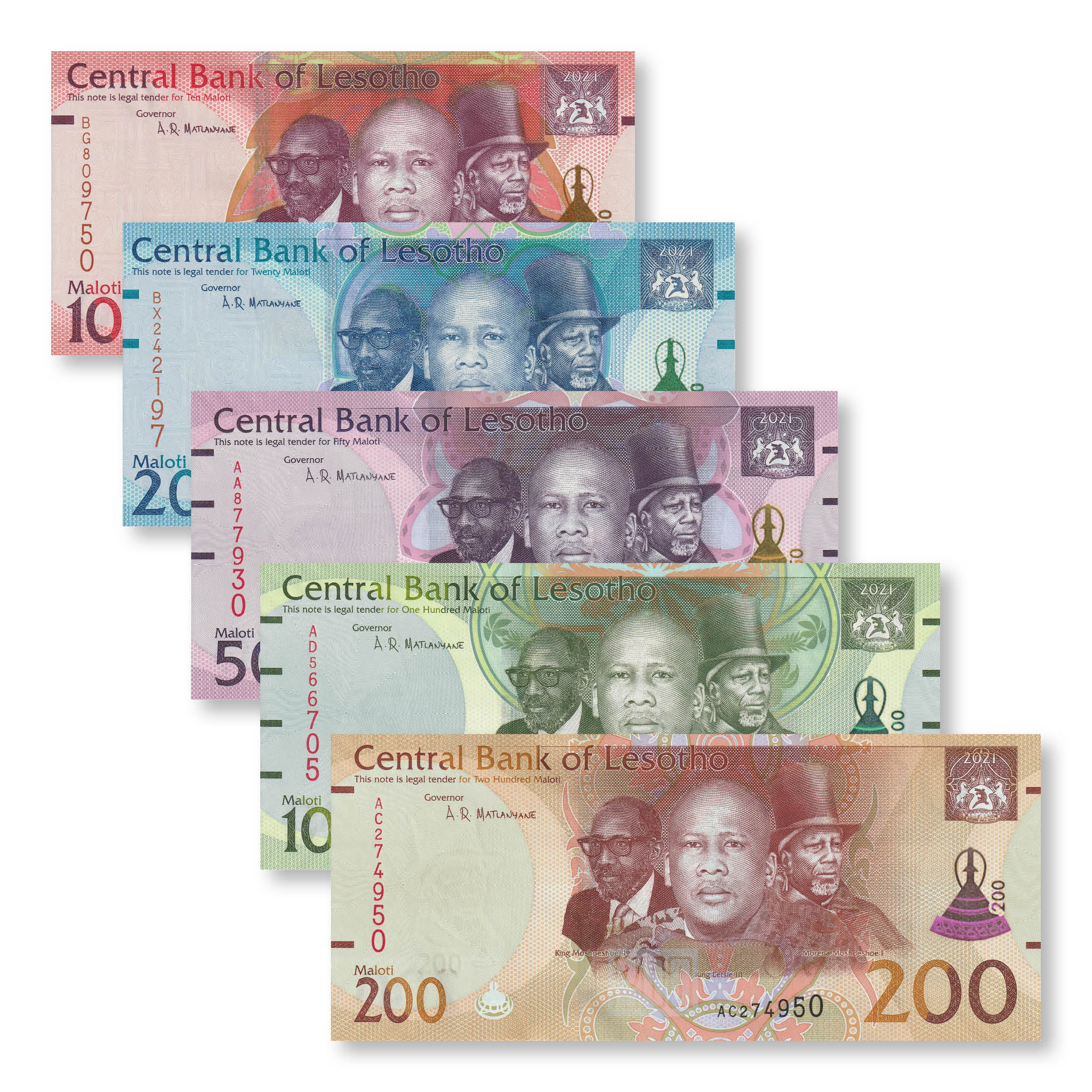 Lesotho Set: 10–200 Maloti, 2021, B227–B231, UNC - Robert's World Money - World Banknotes