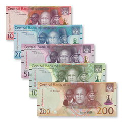 Lesotho Set: 10–200 Maloti, 2021, B227–B231, UNC - Robert's World Money - World Banknotes