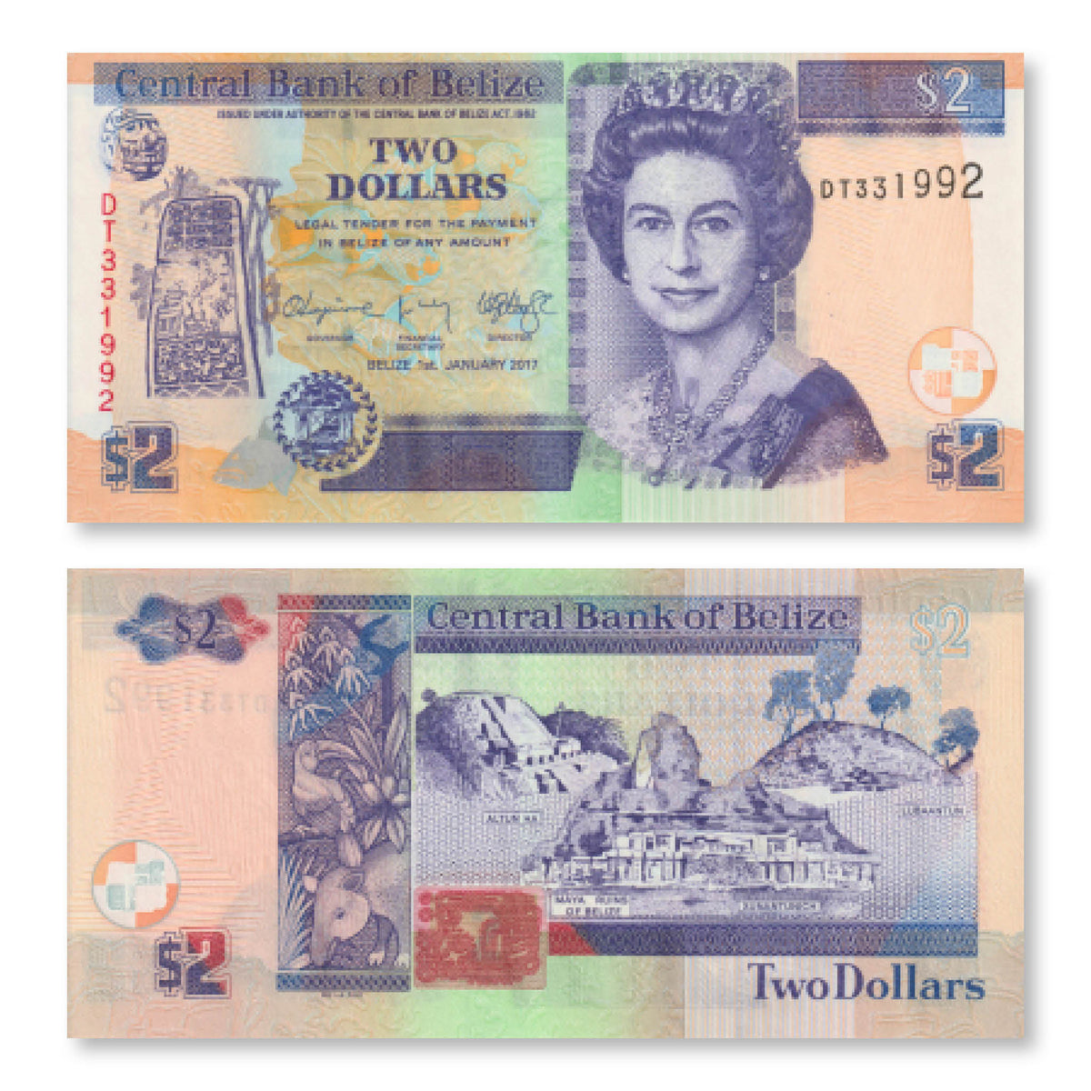 Belize 2 Dollars, 2017, B324f, P66, UNC - Robert's World Money - World Banknotes