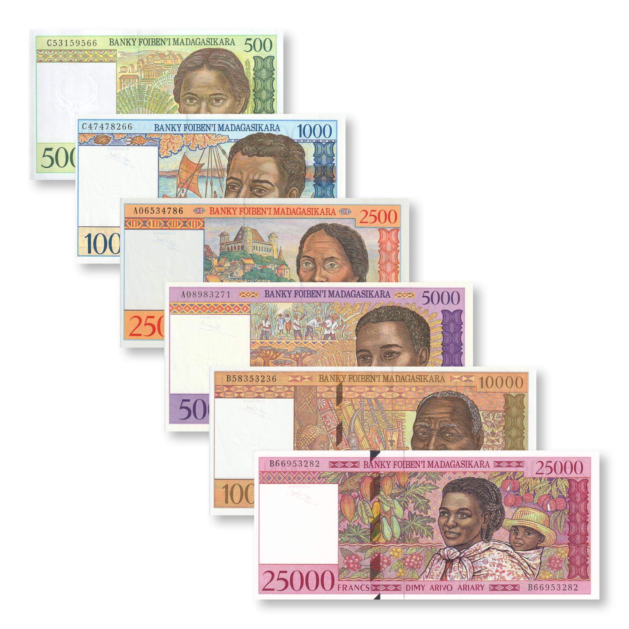 Madagascar Full Set: 500–25,000 Francs, 1994–1998, B311–B316, P74–P82, UNC - Robert's World Money - World Banknotes