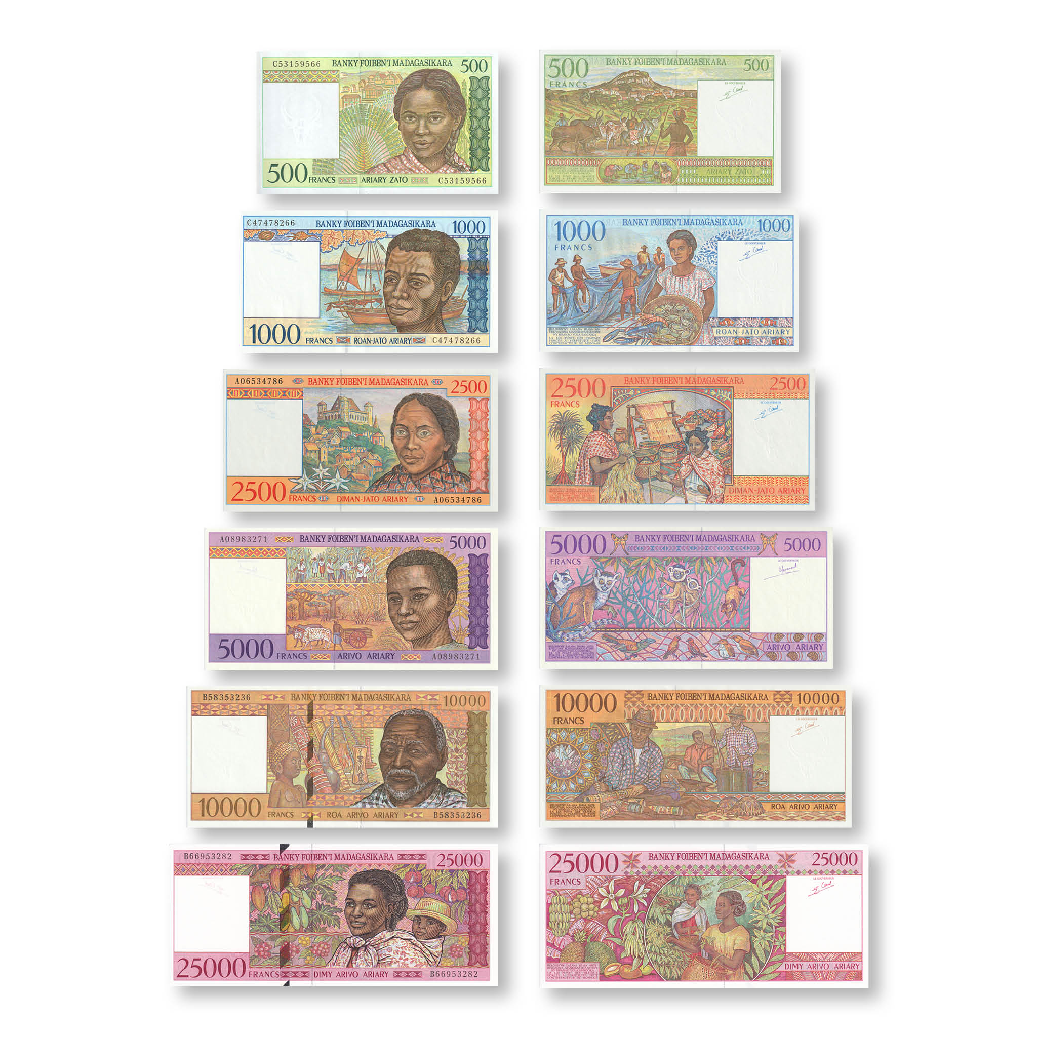 Madagascar Full Set: 500–25,000 Francs, 1994–1998, B311–B316, P74–P82, UNC - Robert's World Money - World Banknotes
