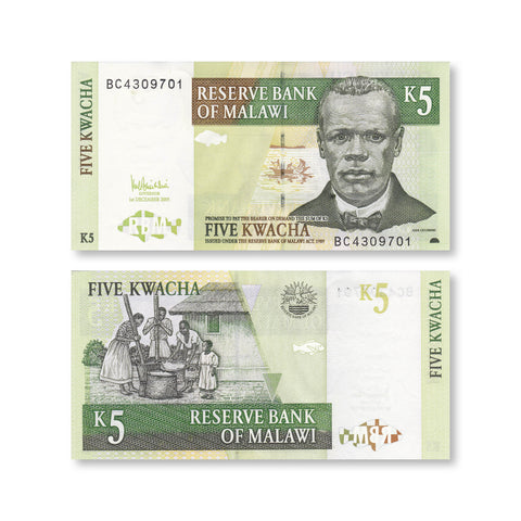Malawi 5 Kwacha, 2005, B136c, P36, UNC - Robert's World Money - World Banknotes