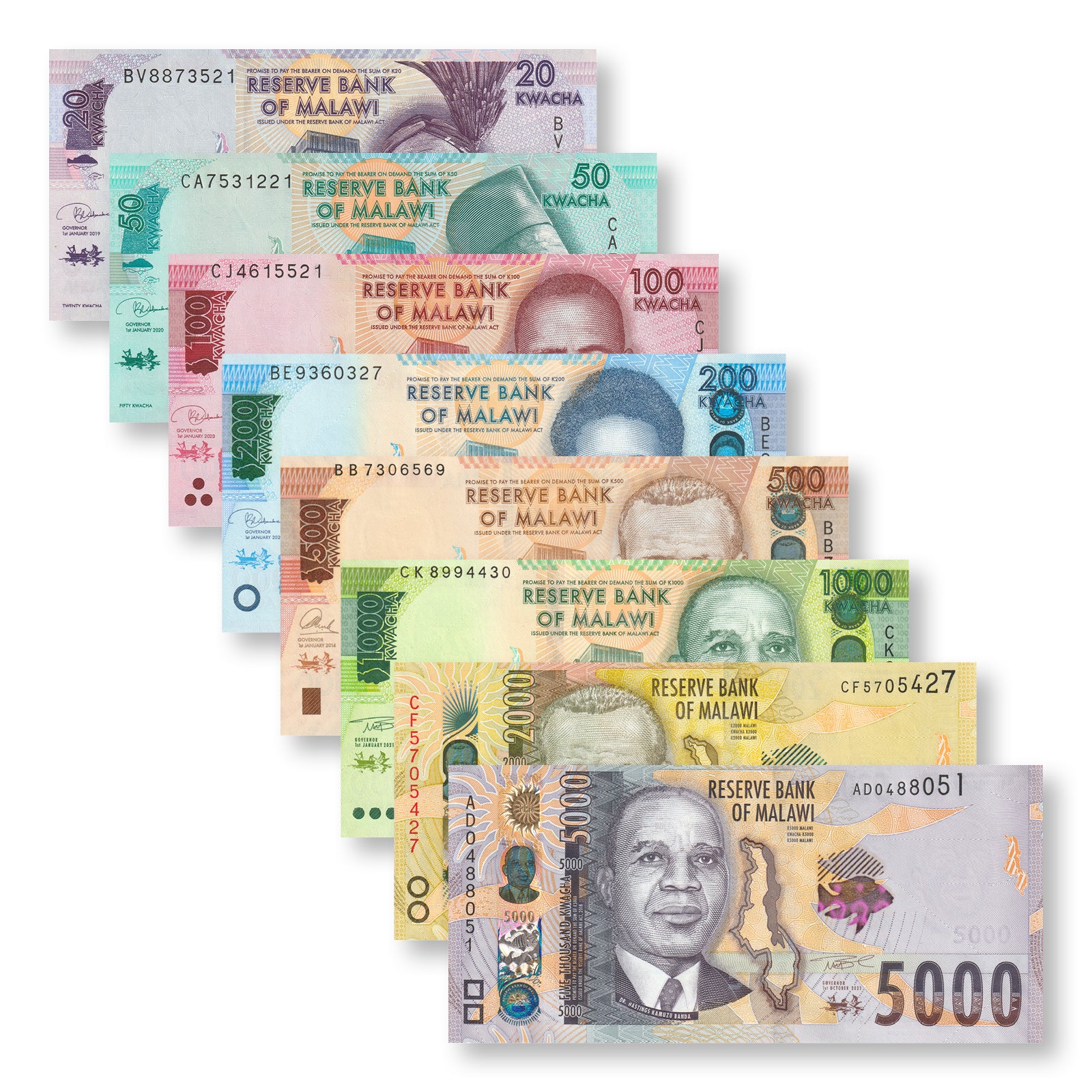 Malawi Full Set: 20–5,000 Kwacha, 2014–2022, B157–B165, UNC - Robert's World Money - World Banknotes