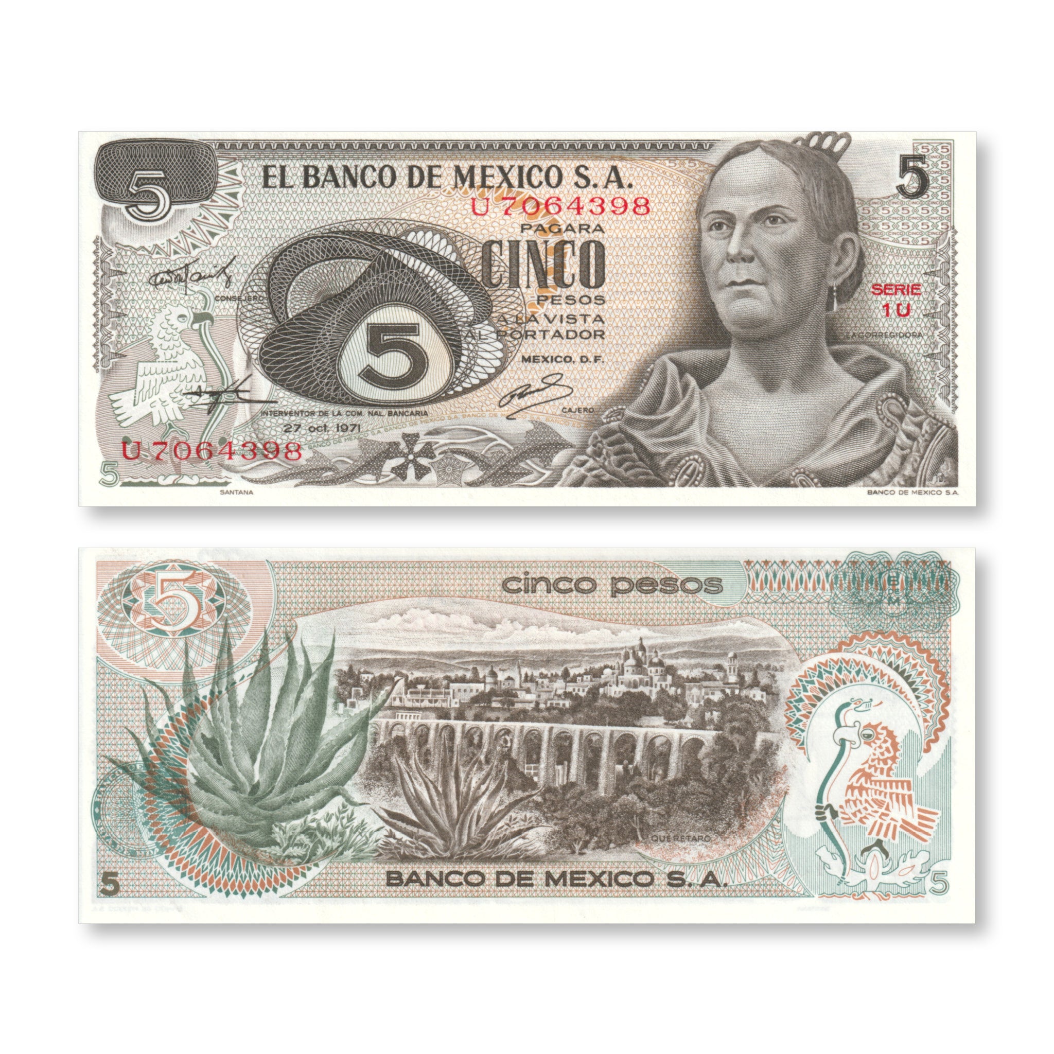 Mexico 5 Pesos, 1971, B642b, P62b, UNC - Robert's World Money - World Banknotes