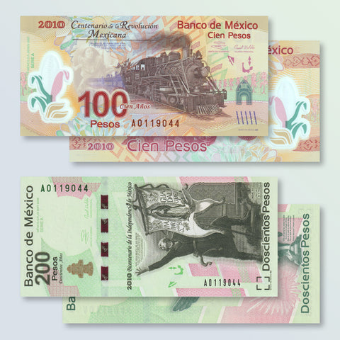 Mexico Commemorative Set: 100 & 200 Pesos, 2007–2008, B710–11, P128–29, UNC - Robert's World Money - World Banknotes