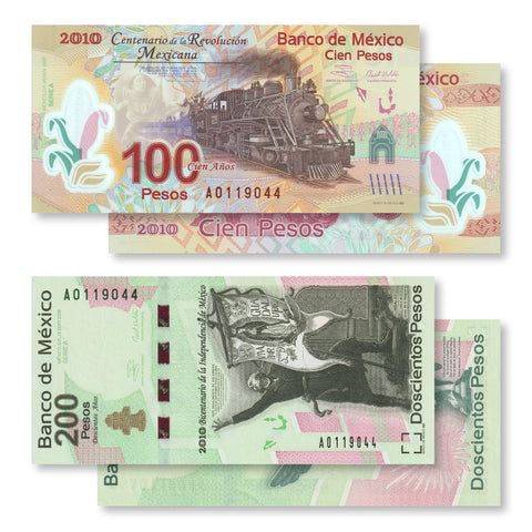 Mexico Commemorative Set: 100 & 200 Pesos, 2007–2008, B710–11, P128–29, UNC - Robert's World Money - World Banknotes