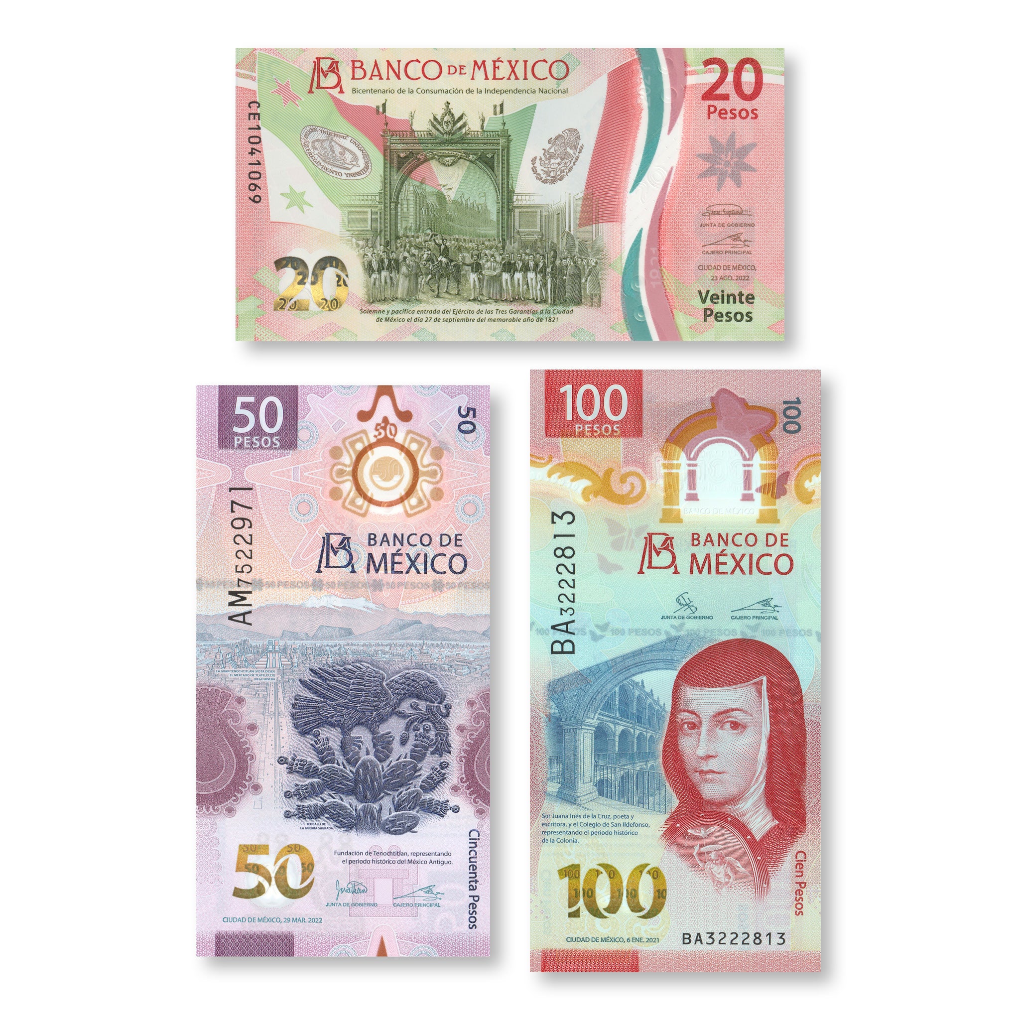 Mexico Set: 20, 50 & 100 Pesos, 2020–2023, B714–715, B726, UNC - Robert's World Money - World Banknotes