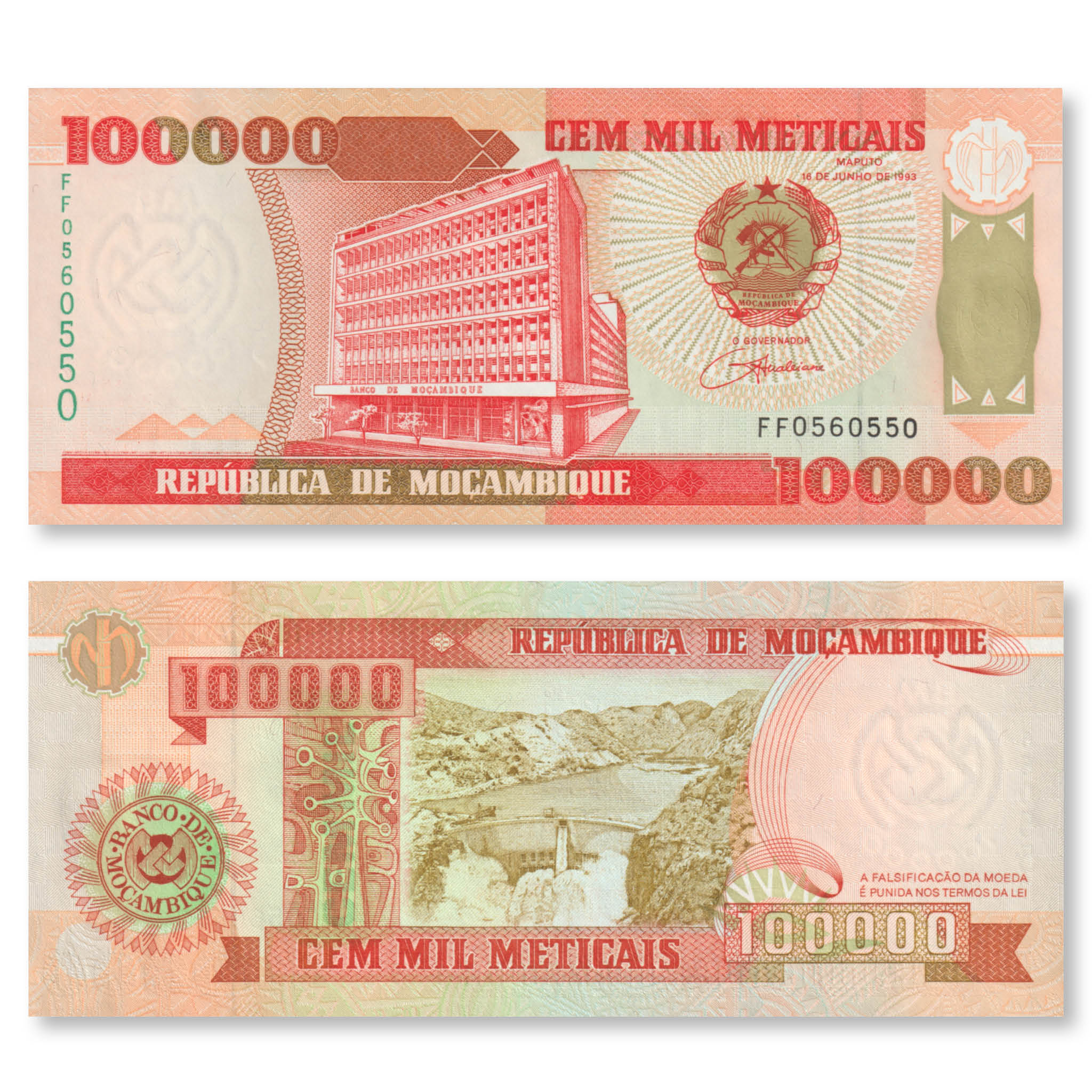 Mozambique 100,000 Meticais, 1993, B225a, P139, UNC - Robert's World Money - World Banknotes
