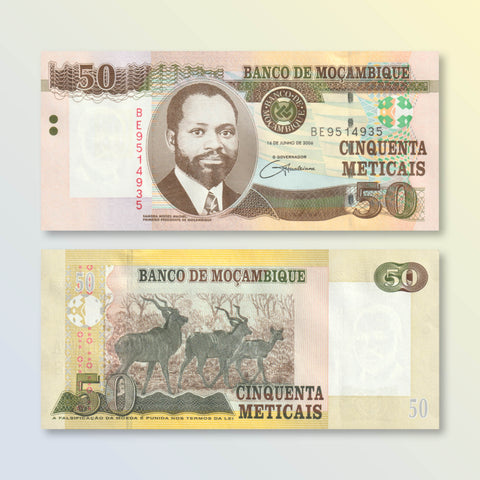 Mozambique 50 Meticais, 2006, B229a, P144a, UNC - Robert's World Money - World Banknotes