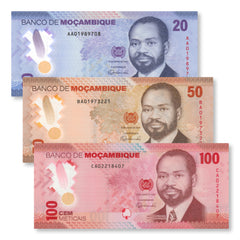Mozambique Set: 20, 50, 100 Meticais, New 2024 Series, UNC