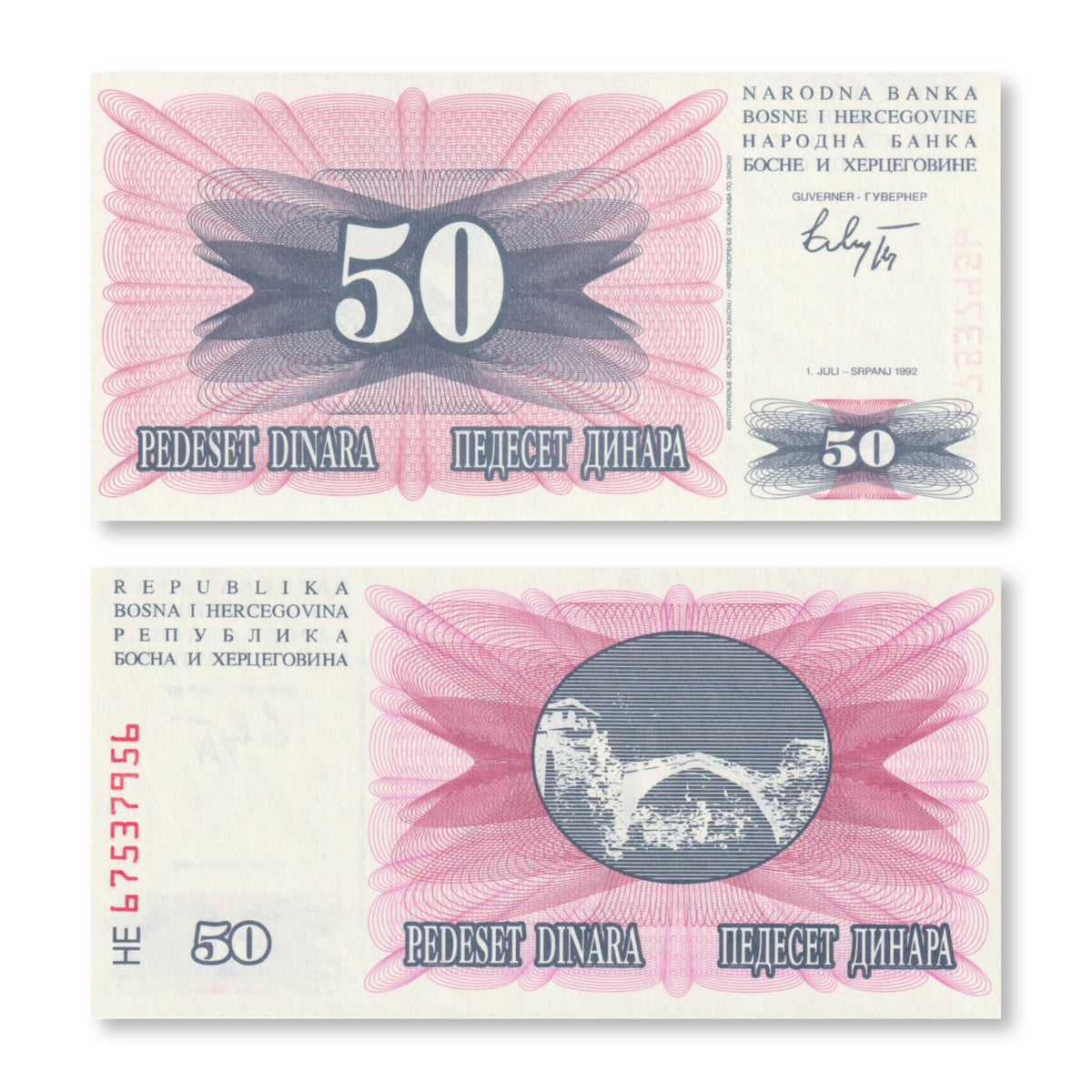 Bosnia 50 Dinars, 1992, B115a, P12a, UNC - Robert's World Money - World Banknotes