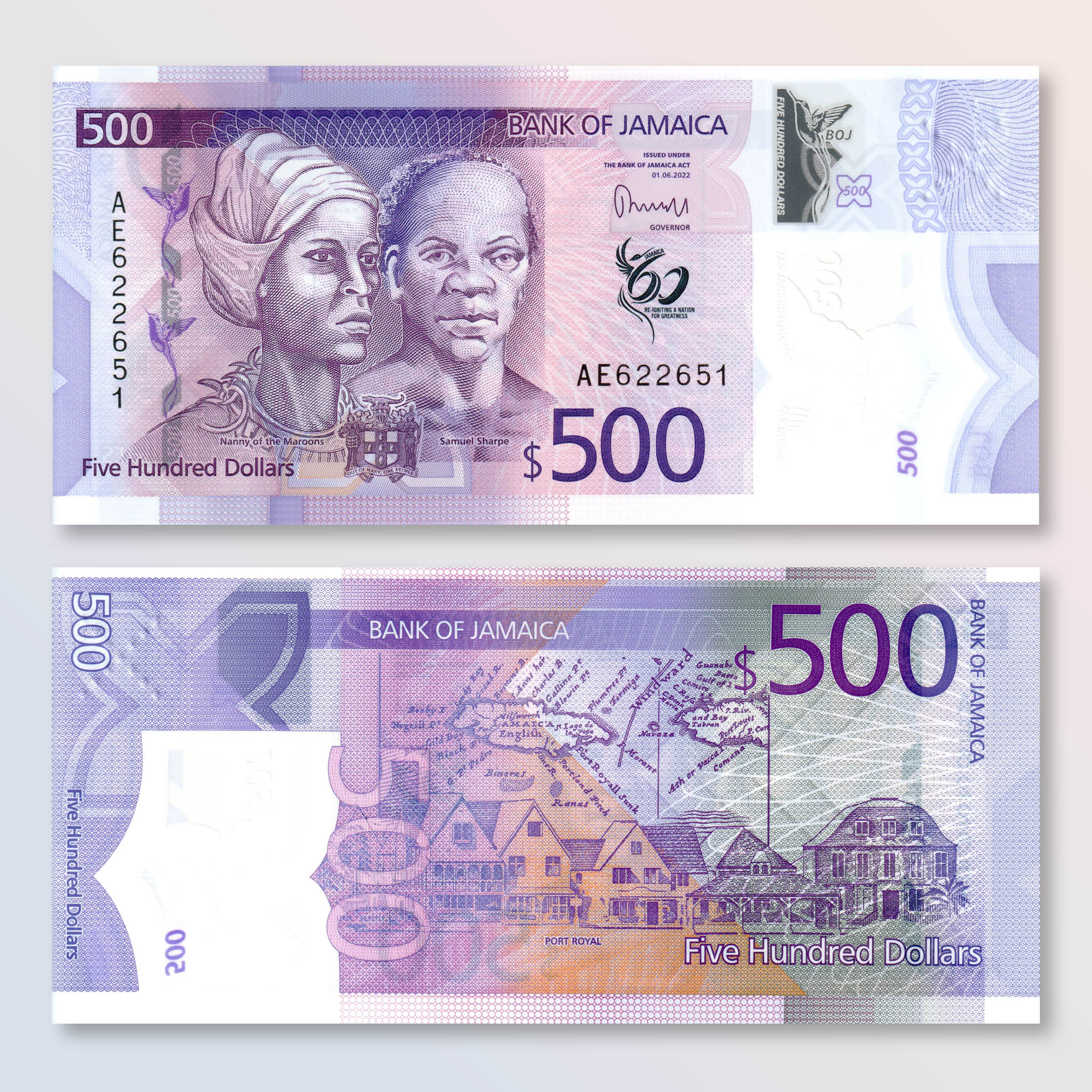 Jamaica 500 Dollars, 2022 (2023) Commemorative, B253a, UNC - Robert's World Money - World Banknotes