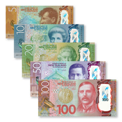 New Zealand Full Set: 5–100 Dollars, 2015–2016, B137–B141, P191–P195, UNC - Robert's World Money - World Banknotes
