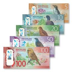 New Zealand Full Set: 5–100 Dollars, 2015–2016, B137–B141, P191–P195, UNC - Robert's World Money - World Banknotes