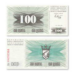 Bosnia 100 Dinars, 1992, B116a, P13a, UNC - Robert's World Money - World Banknotes