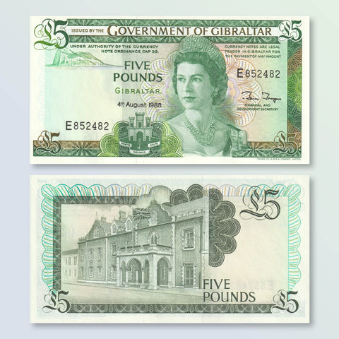 Gibraltar 5 Pounds, 1988, B119b, P21b, UNC - Robert's World Money - World Banknotes