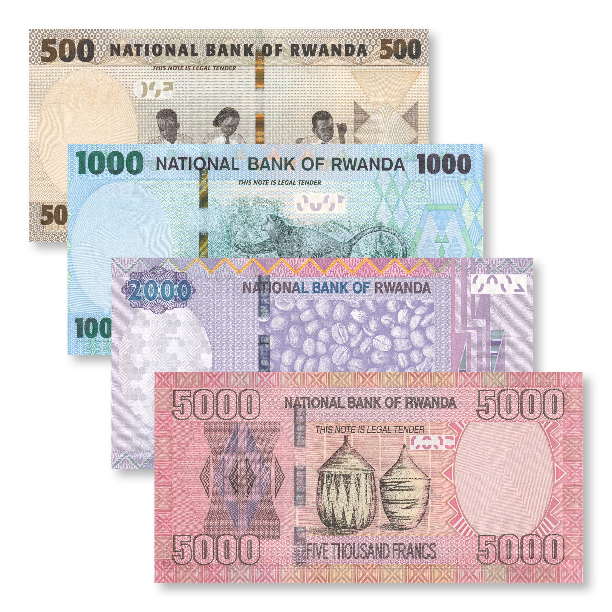 Rwanda Set: 5–2,000 Francs, 2014–2019, B139–B142, UNC - Robert's World Money - World Banknotes