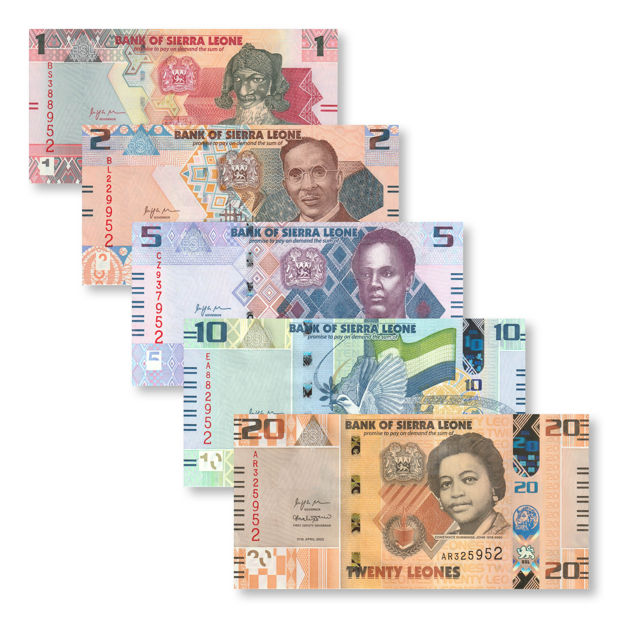 Sierra Leone Full Set: 1–20 Leones, 2022, B129–B133, UNC - Robert's World Money - World Banknotes