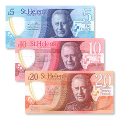 St. Helena Set, 5, 10 & 20 Pounds, New King Charles Polymer, 2026, B310a–B312a, UNC