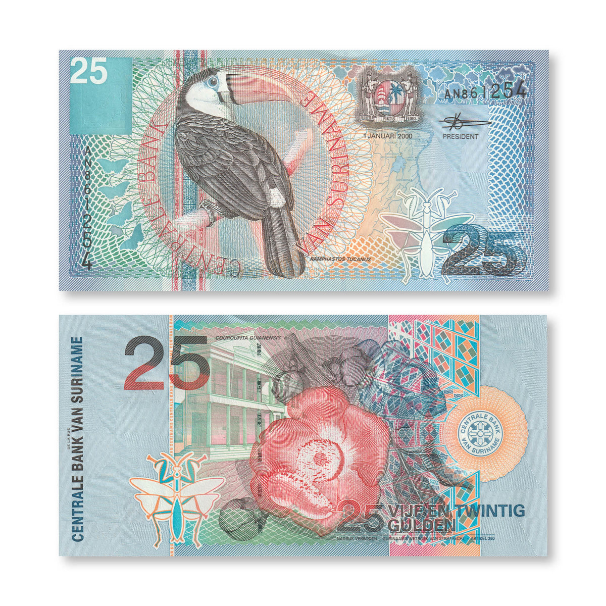 Suriname 25 Gulden, 2000, B533a, P148, UNC - Robert's World Money - World Banknotes
