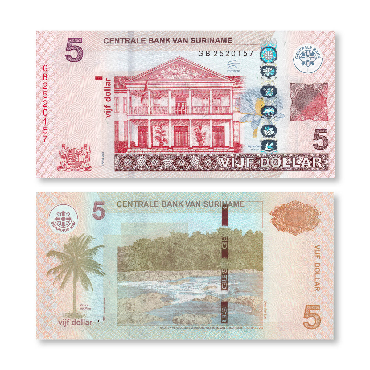 Suriname 5 Dollars, 2012, B545b, P162b, UNC - Robert's World Money - World Banknotes