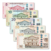 Suriname Full Set: 5–100 Dollars, 2012+, B545–B549, P162–P166, UNC - Robert's World Money - World Banknotes