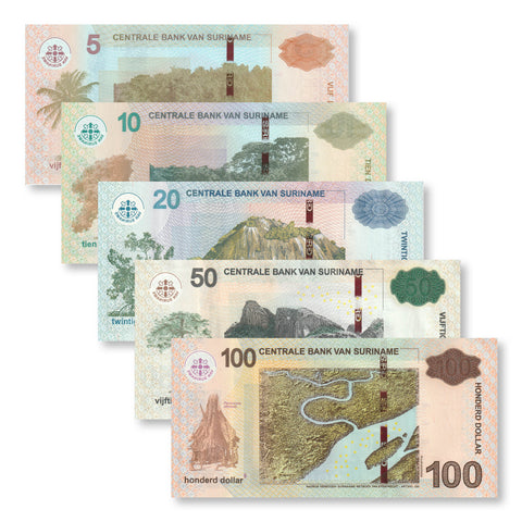 Suriname Full Set: 5–100 Dollars, 2012+, B545–B549, P162–P166, UNC - Robert's World Money - World Banknotes