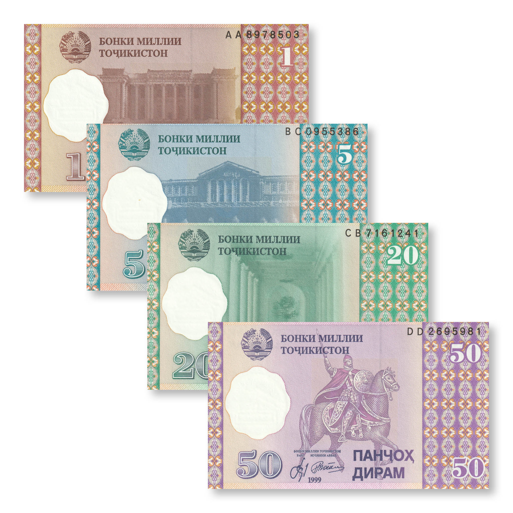 Tajikistan Set: 1–50 Dirams, 1999 (2000), B201–B204, P10–P13, UNC - Robert's World Money - World Banknotes