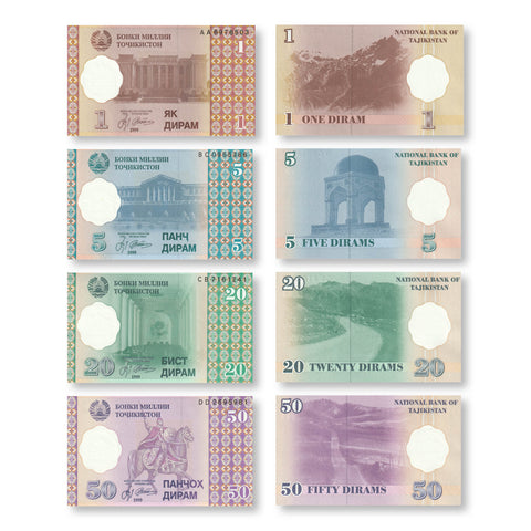 Tajikistan Set: 1–50 Dirams, 1999 (2000), B201–B204, P10–P13, UNC - Robert's World Money - World Banknotes