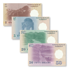 Tajikistan Set: 1–50 Dirams, 1999 (2000), B201–B204, P10–P13, UNC - Robert's World Money - World Banknotes