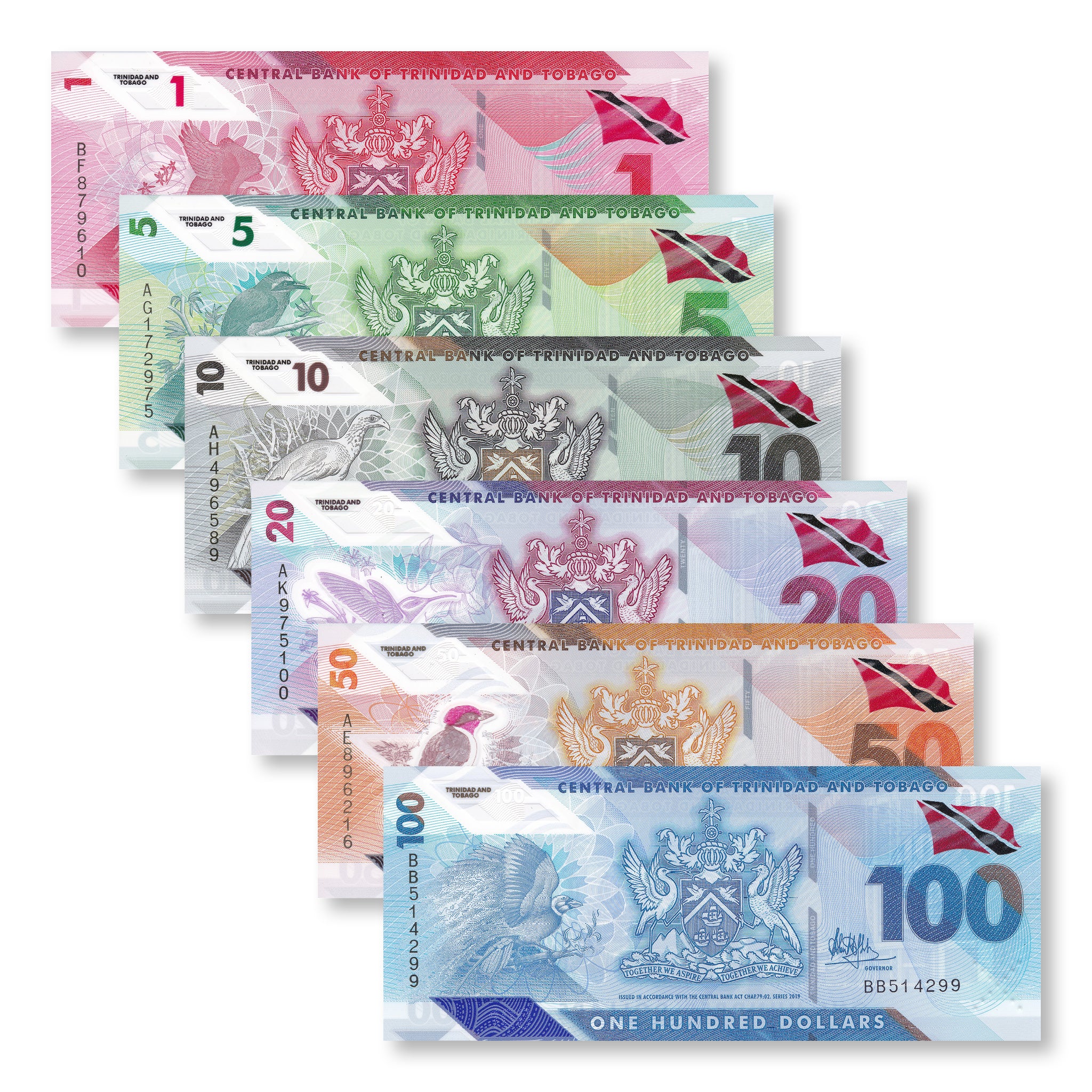 Trinidad & Tobago Full Set: 1–100 Dollars, 2019-2021, B236–B241, UNC - Robert's World Money - World Banknotes