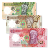 Turkmenistan Set 1, 5 & 10 Manat, 2025, First Polymer Notes, B240a–B242a, UNC