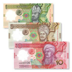 Turkmenistan Set 1, 5 & 10 Manat, 2025, First Polymer Notes, B240a–B242a, UNC