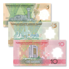 Turkmenistan Set 1, 5 & 10 Manat, 2025, First Polymer Notes, B240a–B242a, UNC