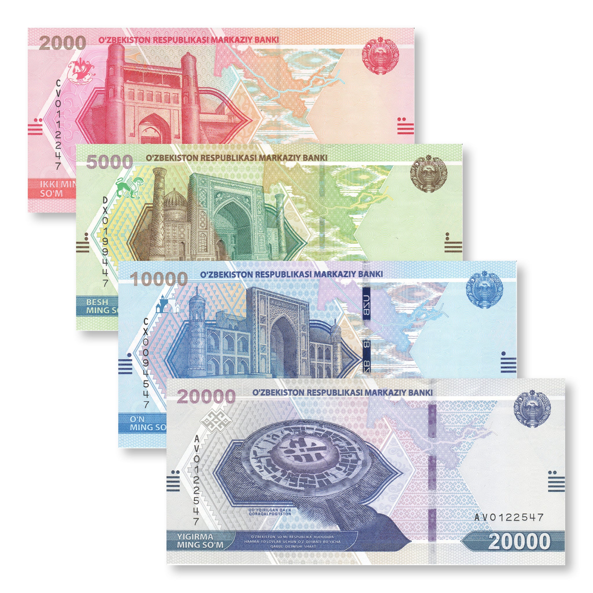 Uzbekistan Set: 2,000–20,000 Som, 2021, B217–B220, UNC - Robert's World Money - World Banknotes