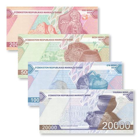 Uzbekistan Set: 2,000–20,000 Som, 2021, B217–B220, UNC - Robert's World Money - World Banknotes