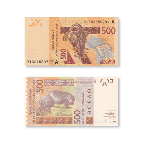 West African States, Ivory Coast, 500 Francs, 2021, B120Aj, P119A, UNC - Robert's World Money - World Banknotes