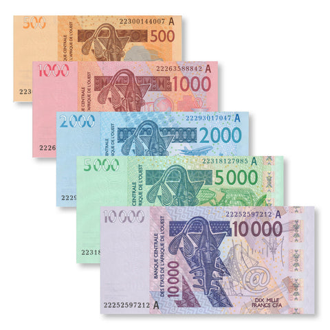 West African States, Ivory Coast Set: 500–10,000 Francs, 2022, B120A–B124A, UNC - Robert's World Money - World Banknotes