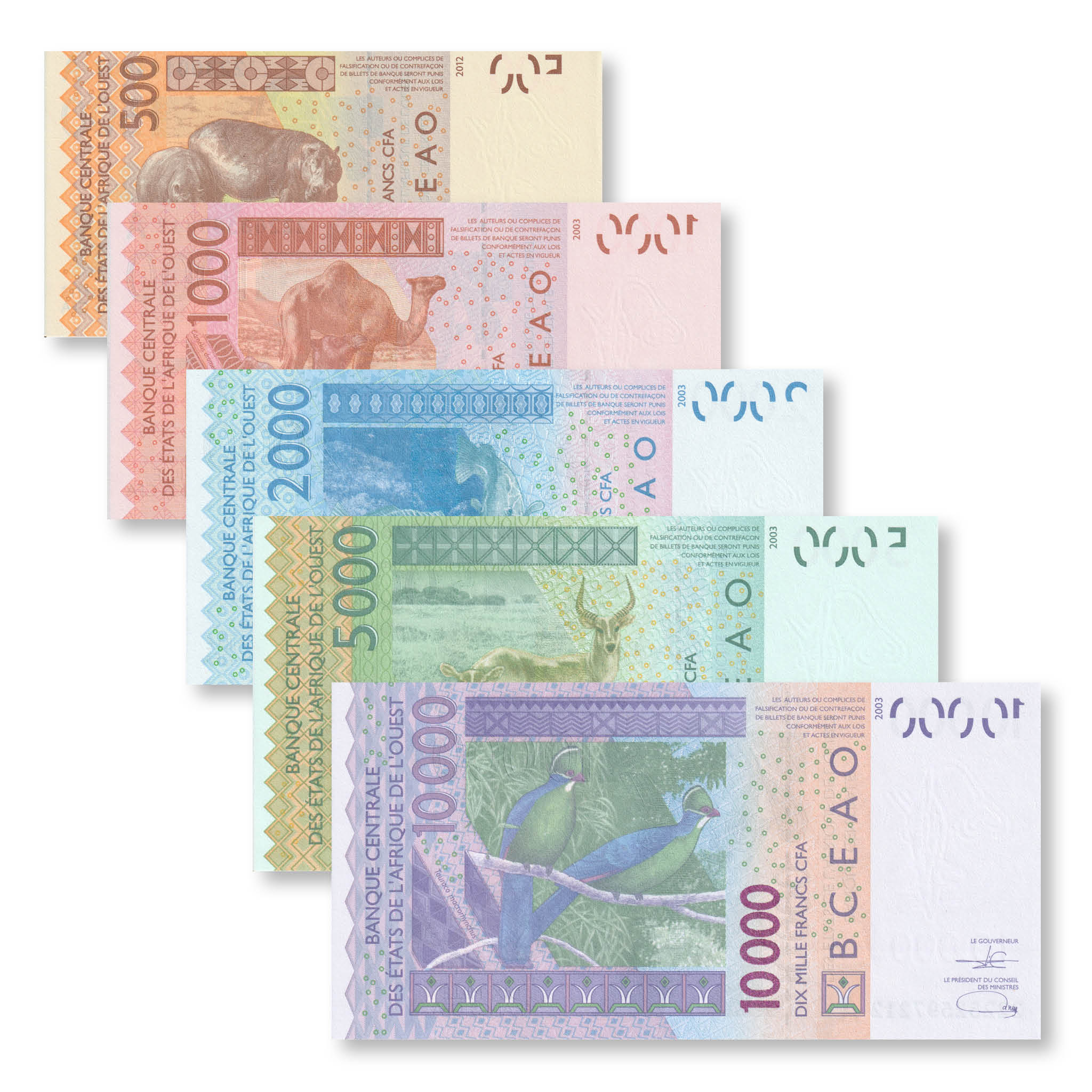 West African States, Ivory Coast Set: 500–10,000 Francs, 2022, B120A–B124A, UNC - Robert's World Money - World Banknotes