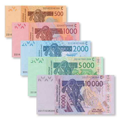 West African States, Burkina Faso Set: 500–10,000 Francs, 2022, B120C–B124C, UNC - Robert's World Money - World Banknotes