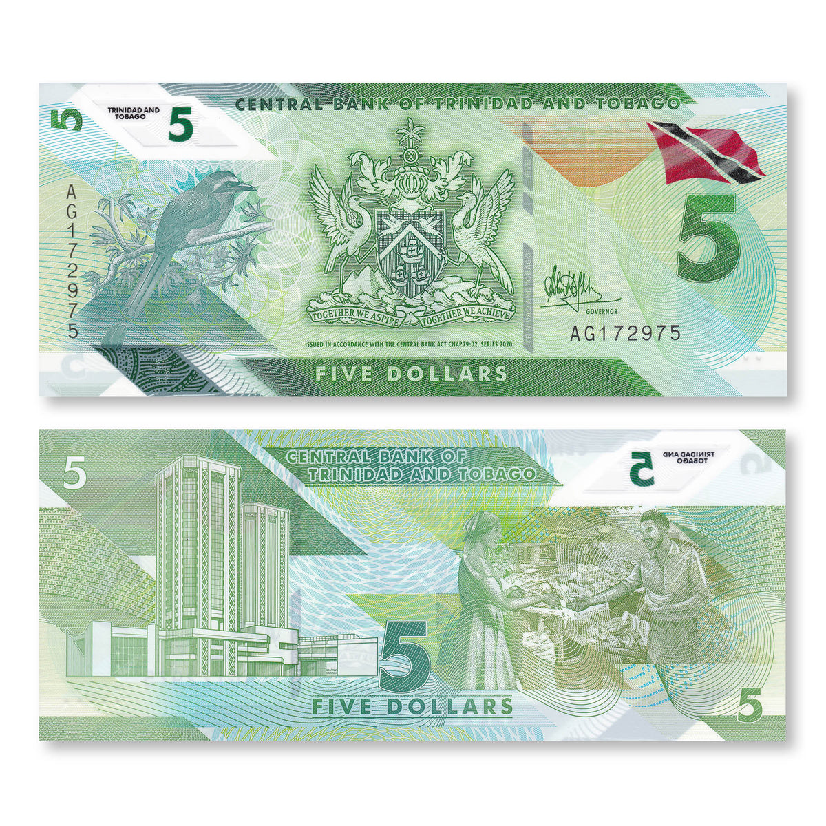 Trinidad & Tobago 5 Dollars, 2020, B237a, Trinidad's first polymer series, UNC - Robert's World Money - World Banknotes