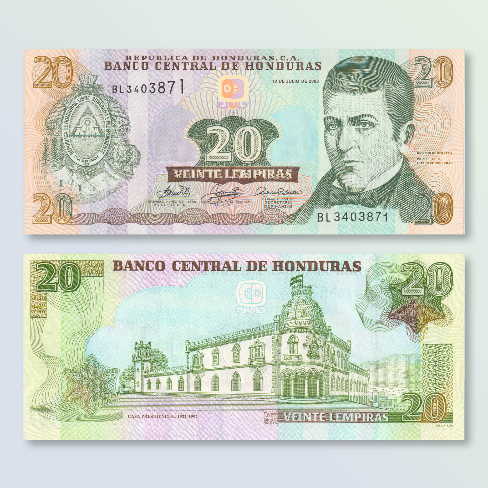 Honduras 20 Lempiras, 2006, B339b, P93, UNC - Robert's World Money - World Banknotes