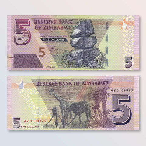 Zimbabwe 5 Dollars, 2019, B193a, UNC - Robert's World Money - World Banknotes