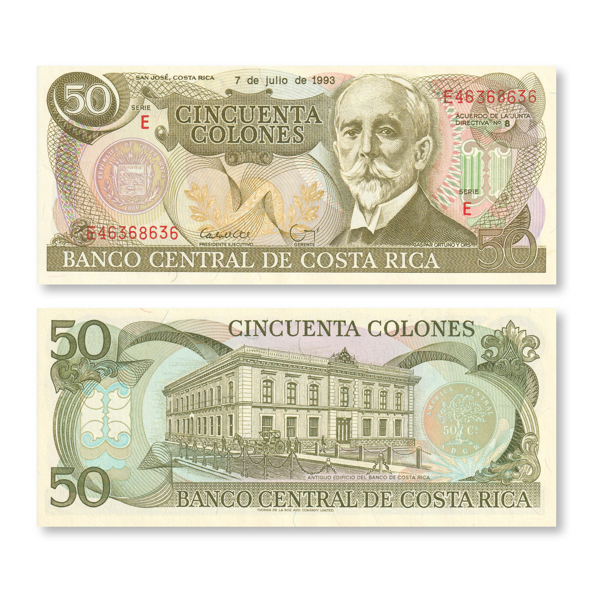 Costa Rica 50 Colones, 1993, B536g, P257a, UNC - Robert's World Money - World Banknotes
