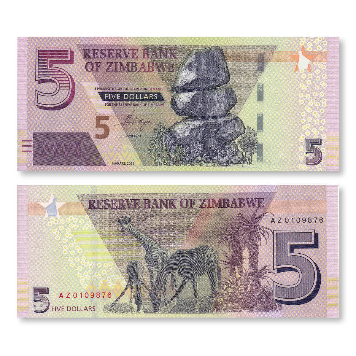 Zimbabwe 5 Dollars, 2019, B193a, UNC - Robert's World Money - World Banknotes