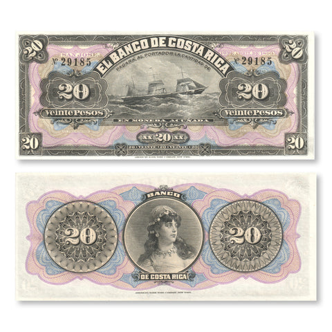 Costa Rica 20 Pesos, 1899, , S165r, UNC - Robert's World Money - World Banknotes