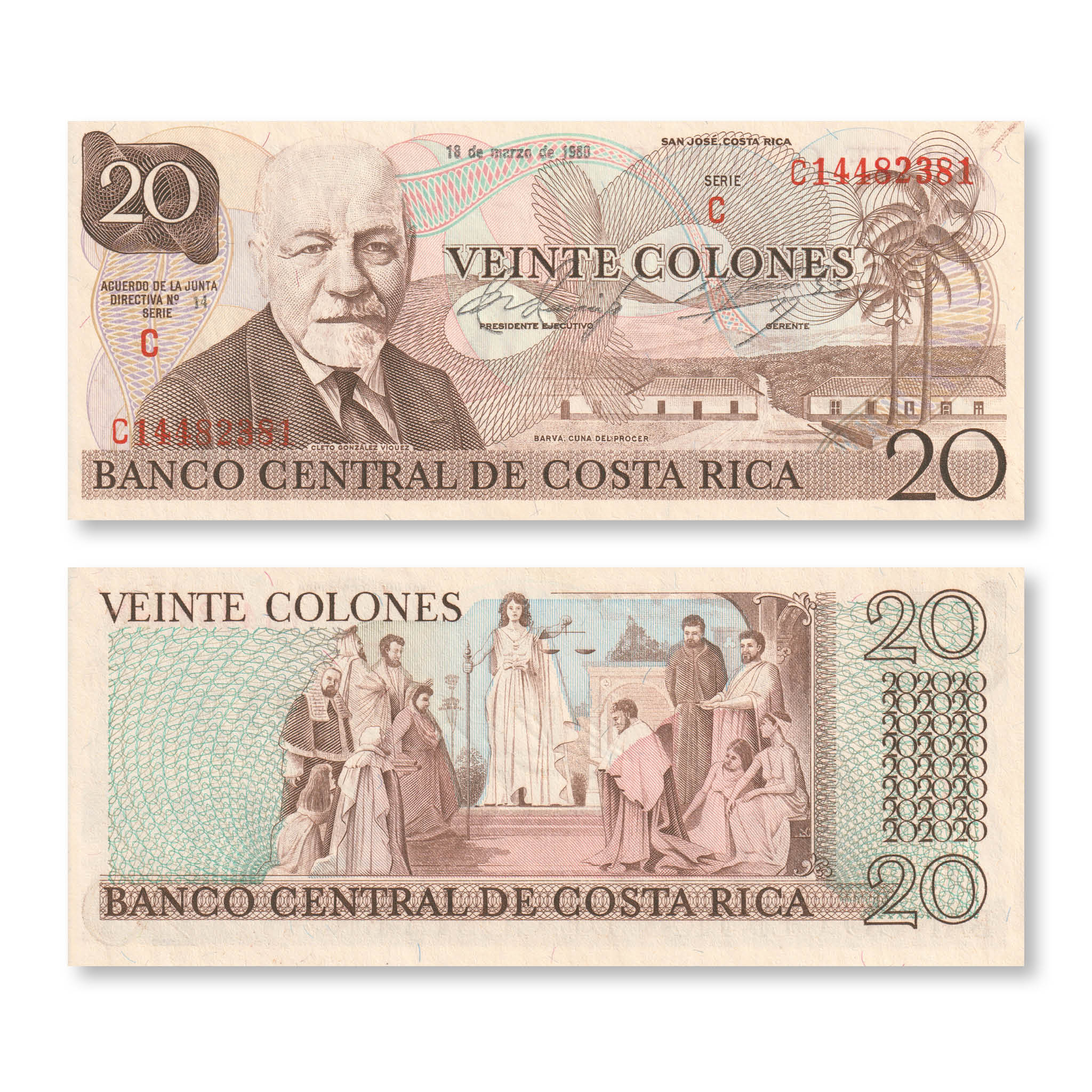 Costa Rica 20 Colones, 1972, B524a, P238a, UNC - Robert's World Money - World Banknotes