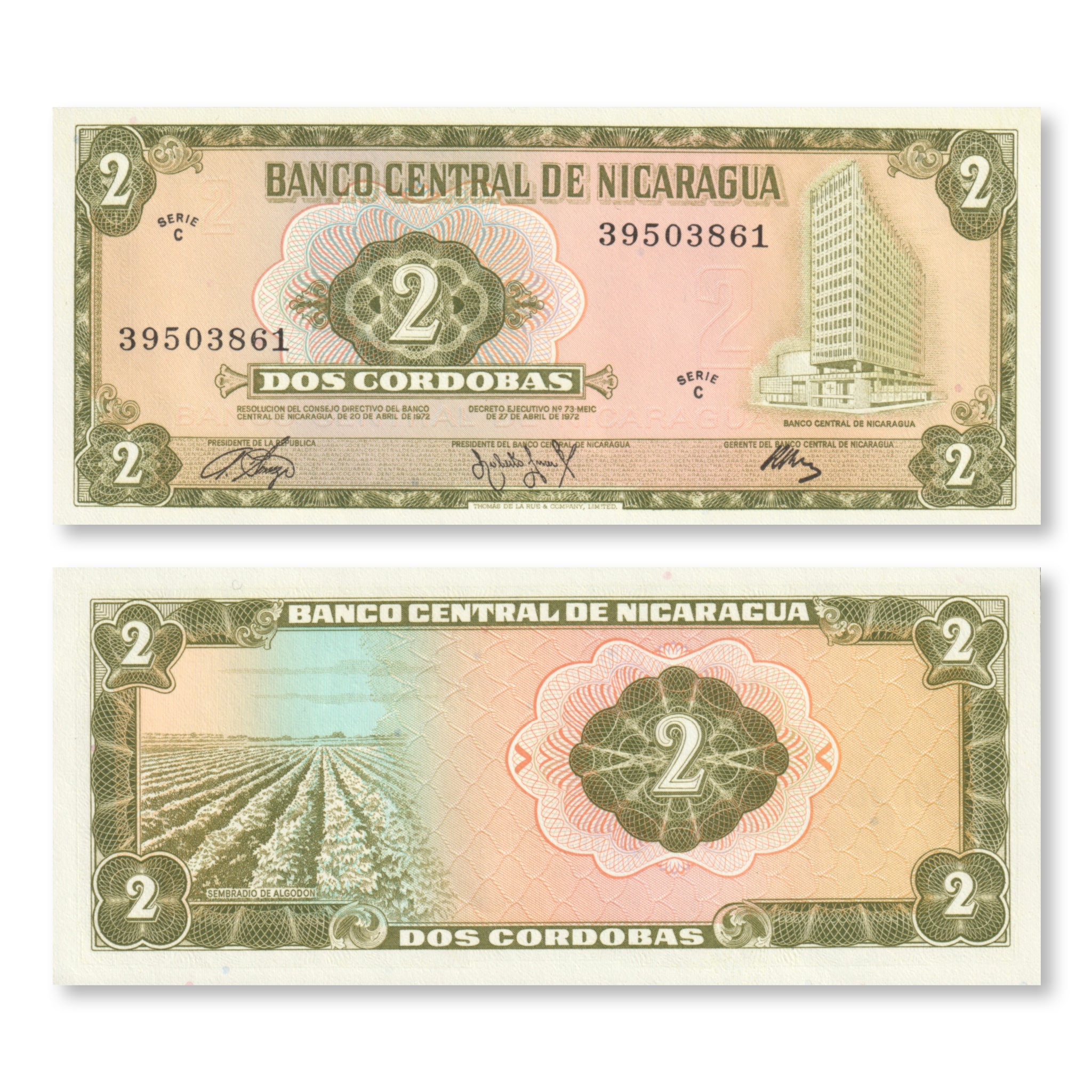 Nicaragua 2 Córdobas, 1972, B415a, P121a, UNC - Robert's World Money - World Banknotes