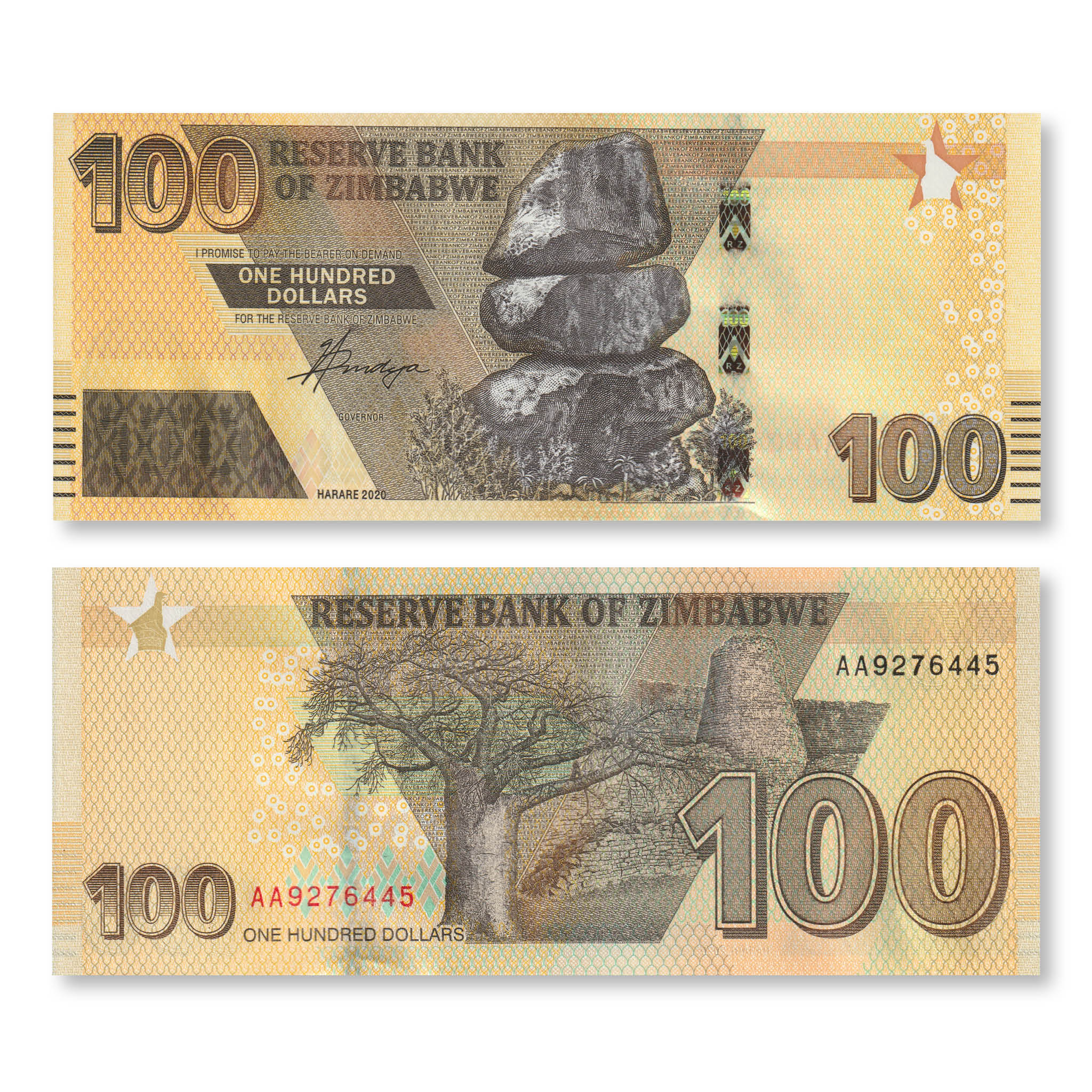 Zimbabwe 100 Dollars, 2020, B197a, UNC - Robert's World Money - World Banknotes